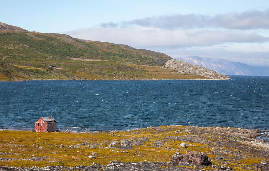 लैपलैंड, समुद्र, fjord, boathouse, इमारत, टुंड्रा, अकेला, ओले के साथ वर्षा, नॉर्वे, पर्वत, पानी