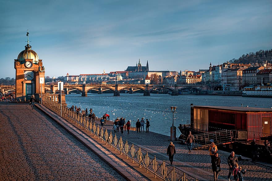 градчани, Прага, місто, náplavka, річка, влтава, міст, міський, парк, панорама, ходити