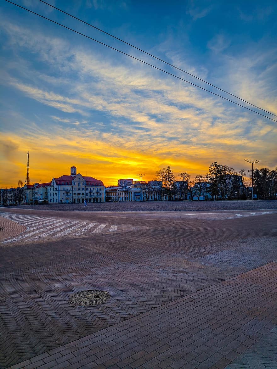 ville, route, le coucher du soleil, chernihiv, Ukraine, crépuscule, ciel