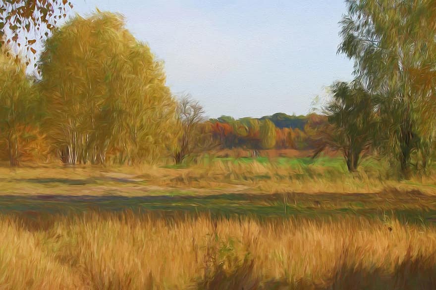 Painting, Oil Painting, Photo Painting, Landscape, Trees, Meadow, Clouds, Art, Artwork, Creative