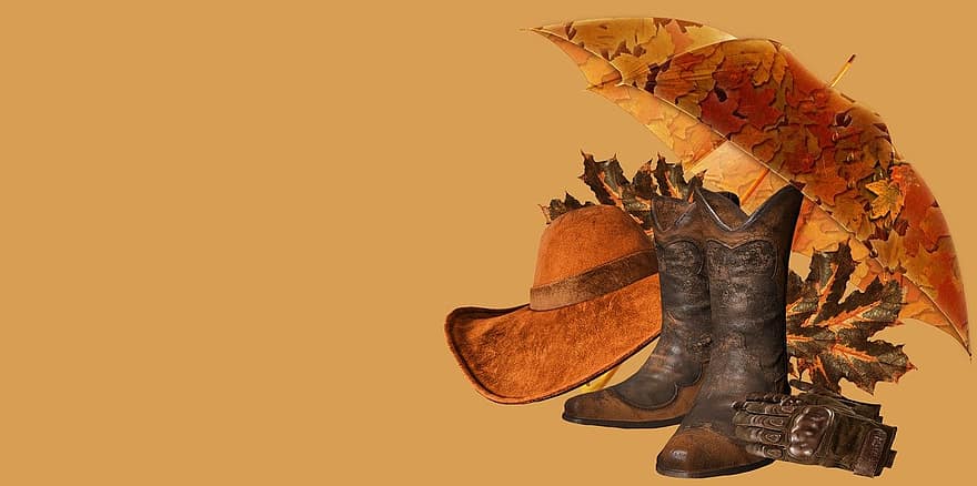 ブーツ、秋、帽子、靴、きらきら、葉、シーズン、ファッション、ハロウィン、衣類、黄