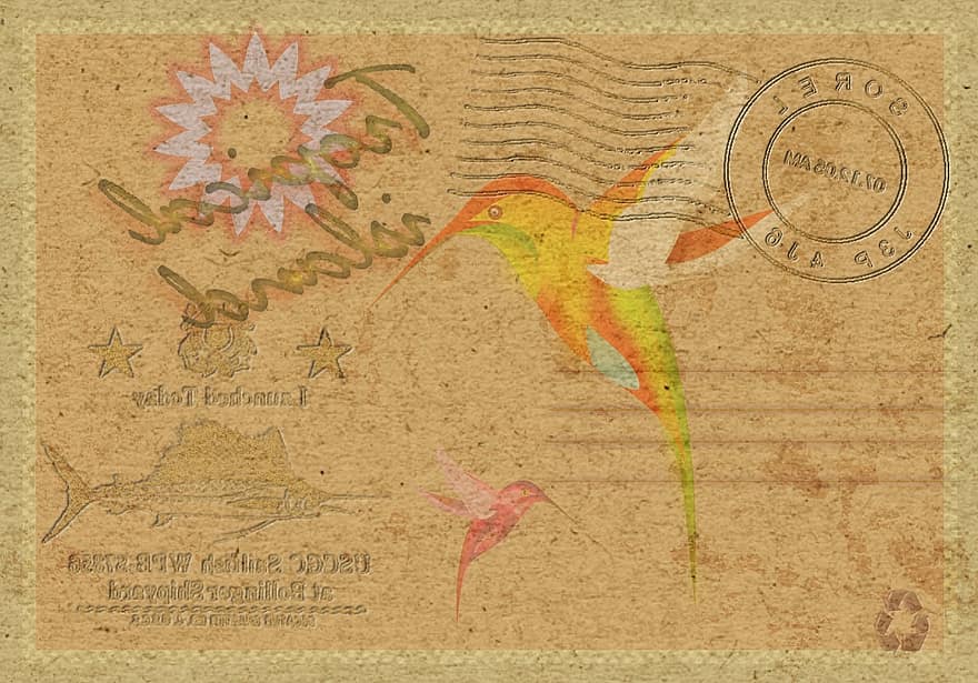 postkort, gammel, årgang, retro, gul, tropisk, ø, frimærke, hilsen, lykønskningskort, kolibri