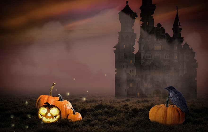 halloween, rædsel, græskar, uhyggelig, slot