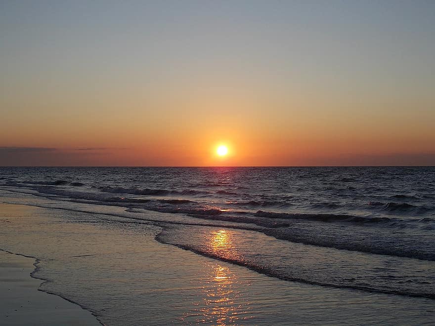 puesta de sol, playa, mar, Dom, verano, luz del sol, amanecer, paisaje, naranja, cielo, agradable