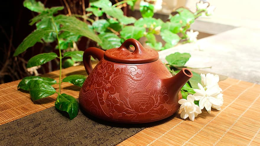 Teiera Zisha, tè, gelsomino arabo, teiera, le foglie, fiori, Tè al gelsomino arabo, Zisha Clay, Teiera di argilla