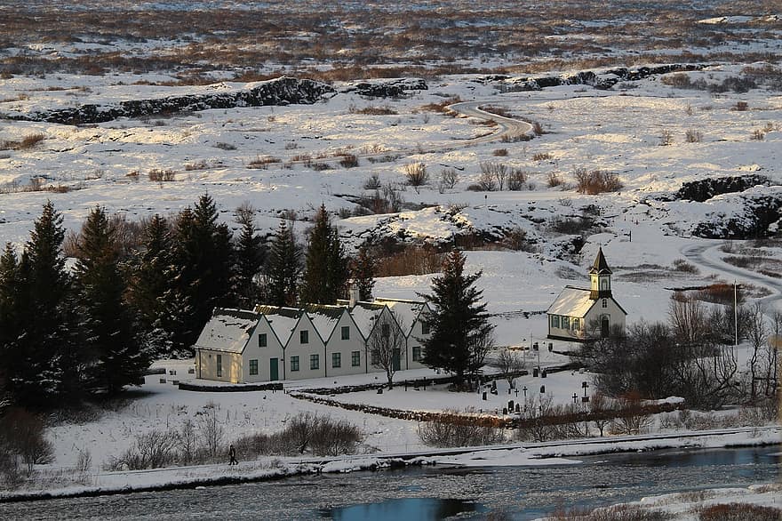 아이슬란드, 교회에, 자연, 예배당, 종교, 경치, 눈, 집, 숲, 눈이 내리는, 나무