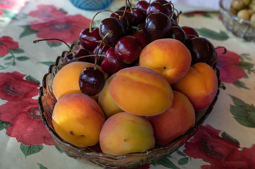 frukt, hälsosam, organisk, aprikos, körsbär, mat, färsk, näring, friskhet, blad, mogen