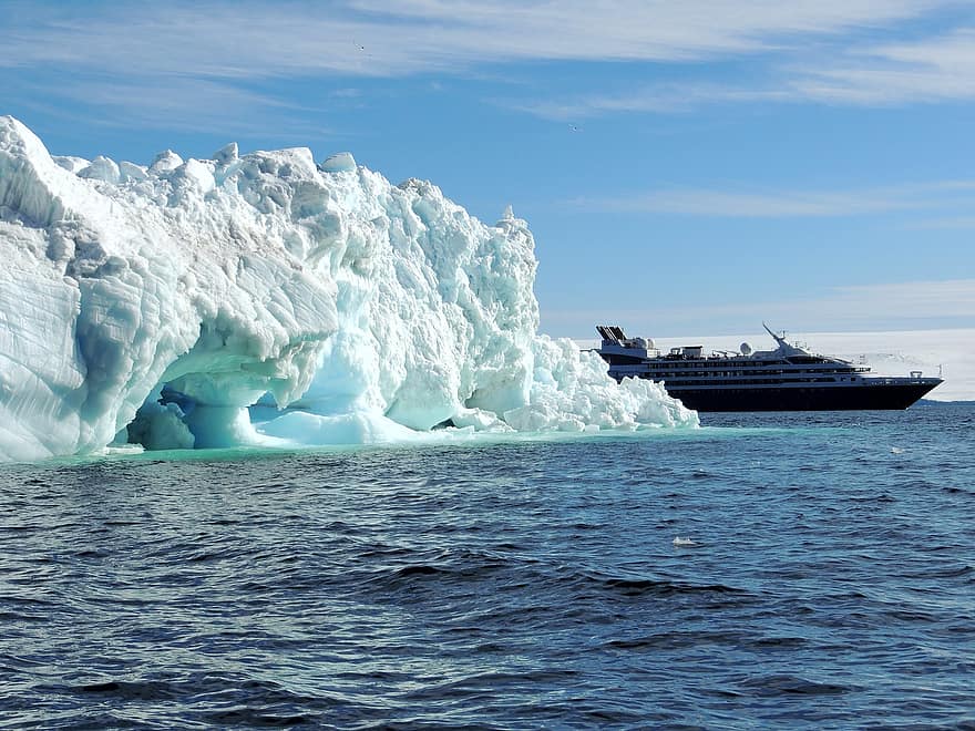 круизное судно, айсберг, море, Антарктида, морское путешествие, воды, лед, корабль, природа, синий, морское судно