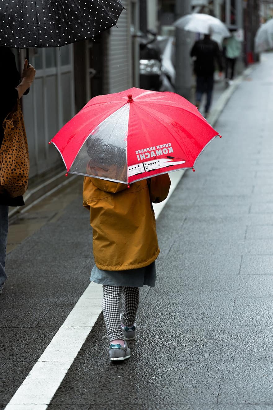 gate, mennesker, regn, lei seg, paraply, vær, våt, gå, byliv, kvinner, voksen