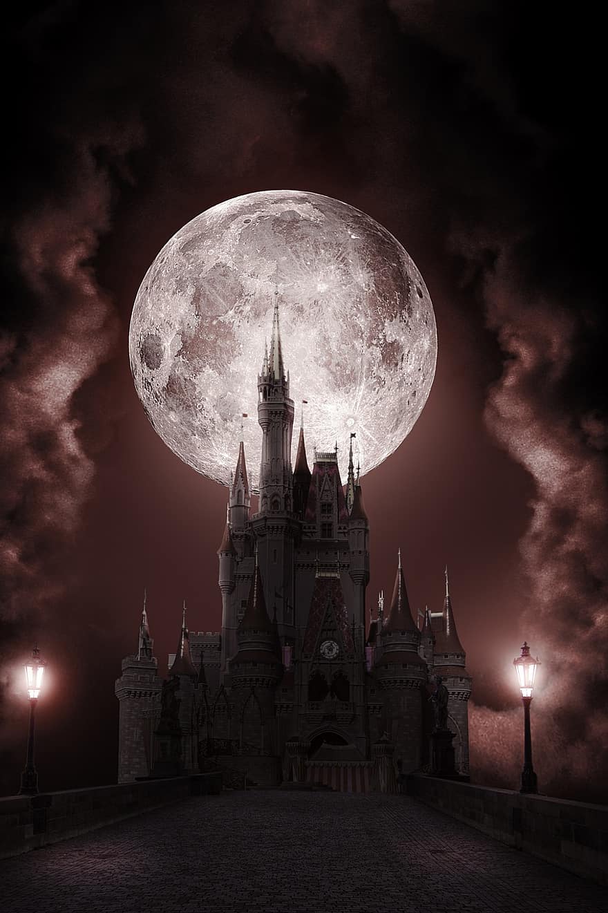 замок, міст, місяць, диму, туман, темний, фантазія, ніч