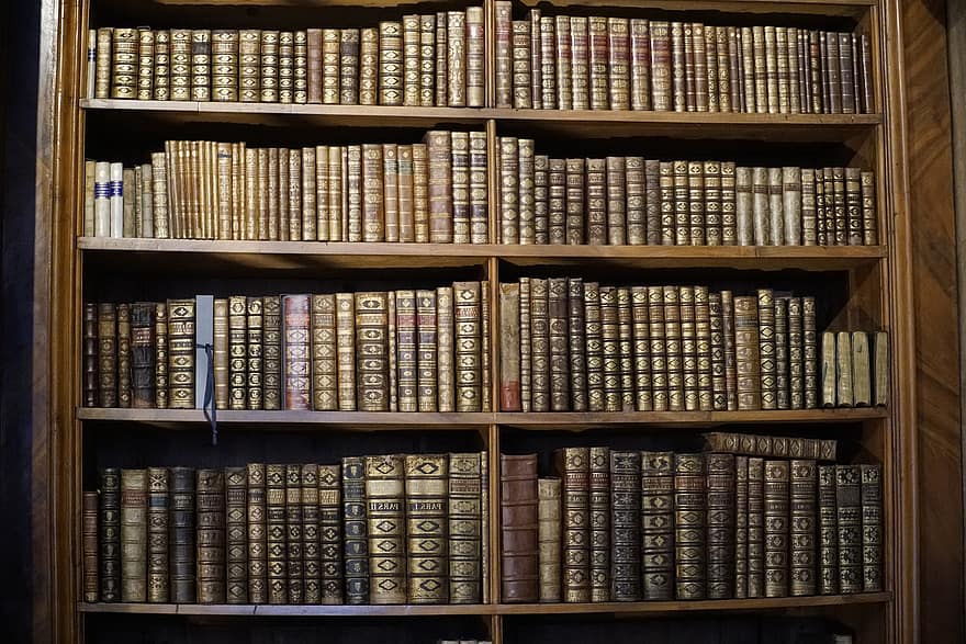 本棚、本、古書、としょうかん、棚、教育、文献、古い、屋内で、コレクション、研究