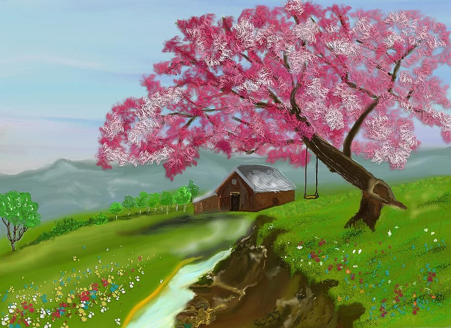 primavera, flor, floración, pasto, naturaleza, rosado, cielo azul, árbol, planta, jardín, brote