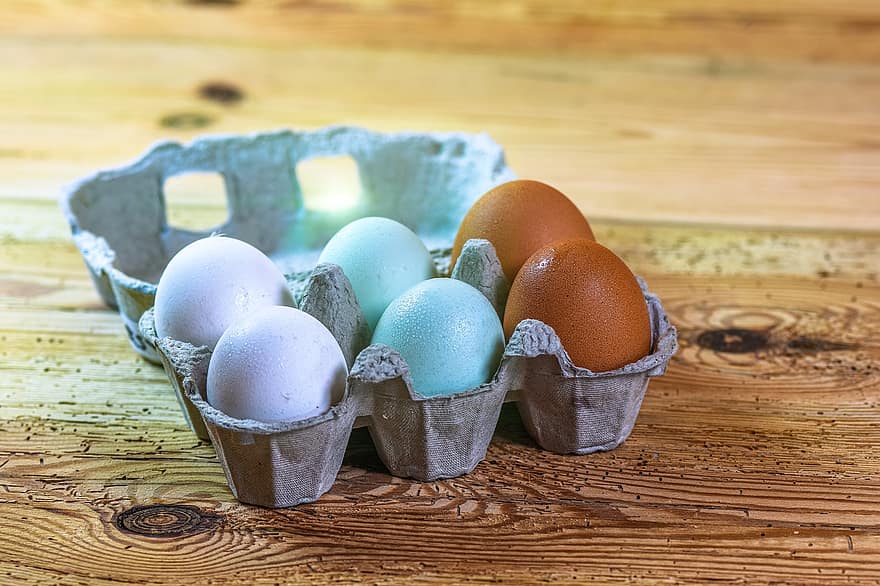 яйця, яєчна коробка, білка, вегетаріанська, біологічний, кольорові, здоровий, органічні, сирий, дерево, їжа