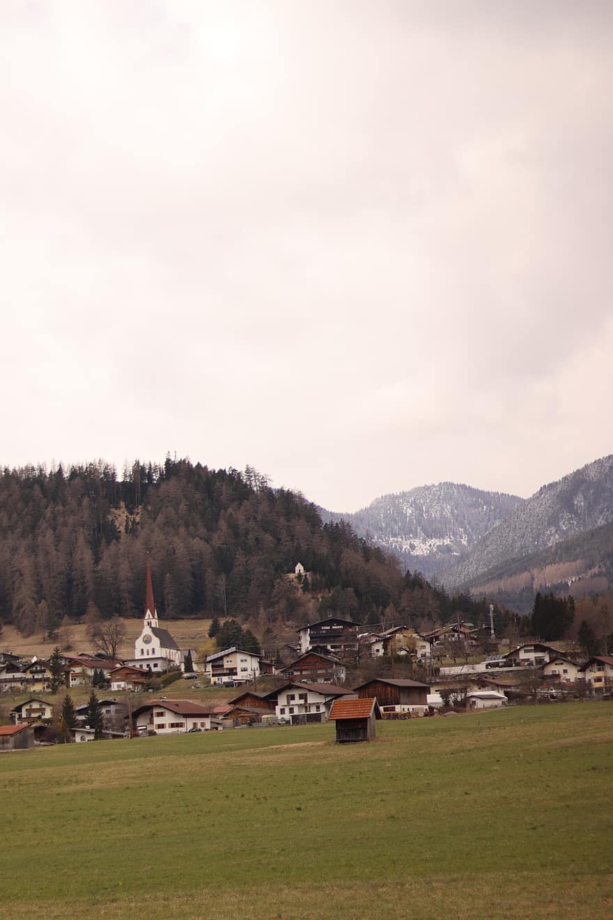 természet, utazás, város, falu, templom, fák, Tirol, Nassereith, ég, felhők