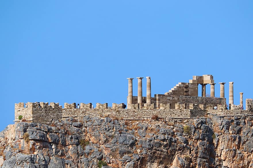 アクロポリス、リンドス、ギリシャ、廃墟、城塞、古代の、ランドマーク、建築、歴史的な、石の壁、リンドスアクロポリス