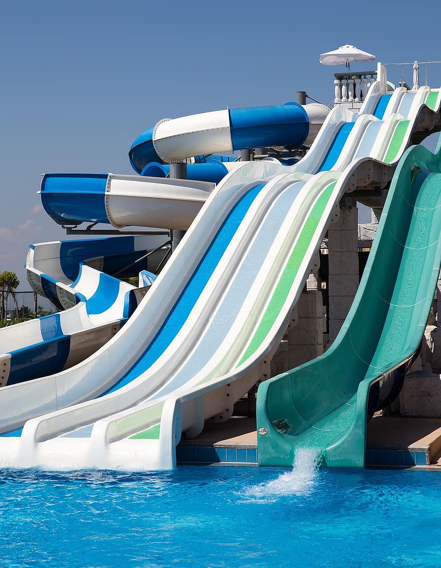 Water Park, Water Slide, Outdoors, Summer, Vacation, Childhood, blue, sliding, swimming pool, fun, water