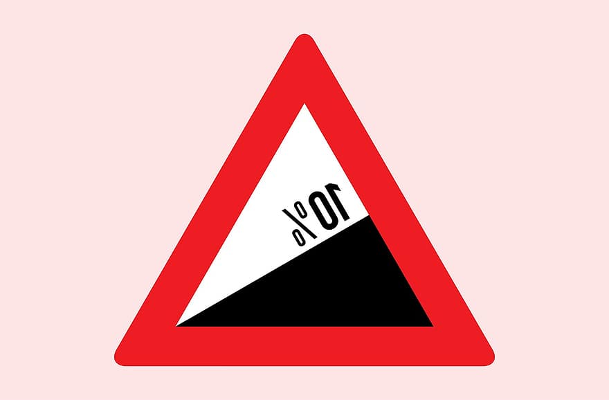 Steep, Hill, Downwards, Sign, Road, Warning, Red, Reflective, Traffic, Ride, Attention