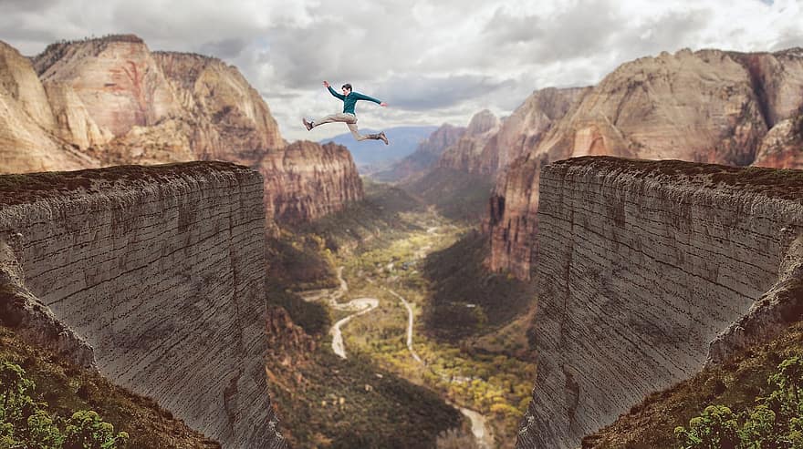 Man, Canyon, Mountains, Jumping, Leaping, Success, Motivation, Inspiration, Achievement, Attitude, Confidence
