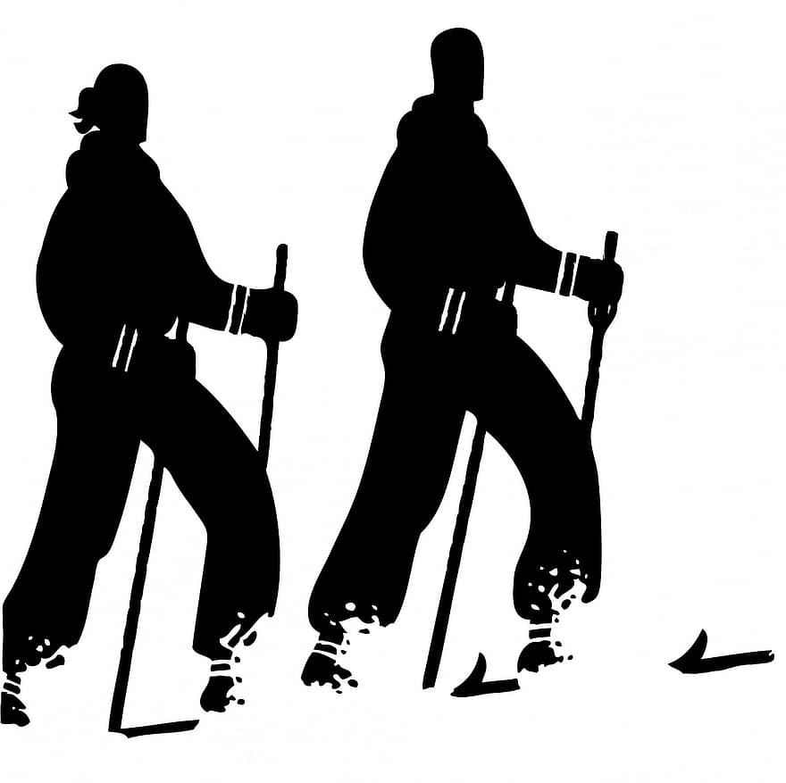 skiløper, skiløpere, stå på ski, sport, snø, silhouette, svart, Mann, kvinne, pike, gutt