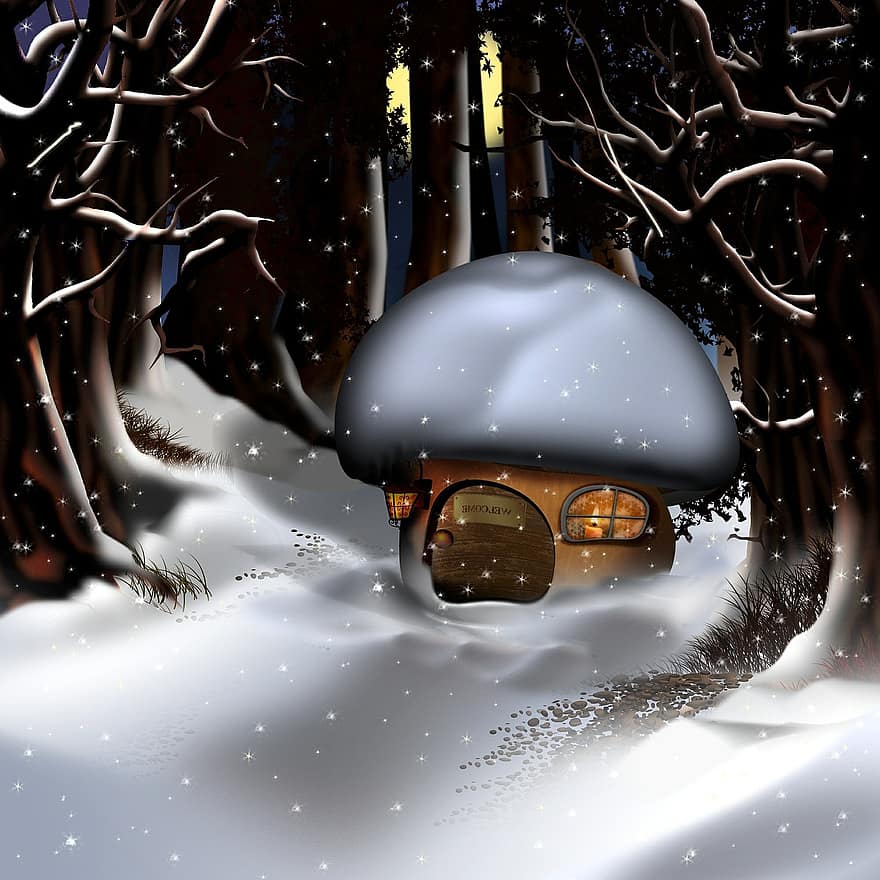 sēņu māja, ziemā, mežs, sēnes, Ziemassvētki, sniegs, Advent, pasakas, vēsture, punduris, kobolds