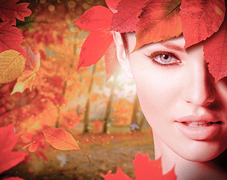 女性、秋、葉、自然、森林、女性たち、美しさ、一人、ヤングアダルト、黄、アダルト
