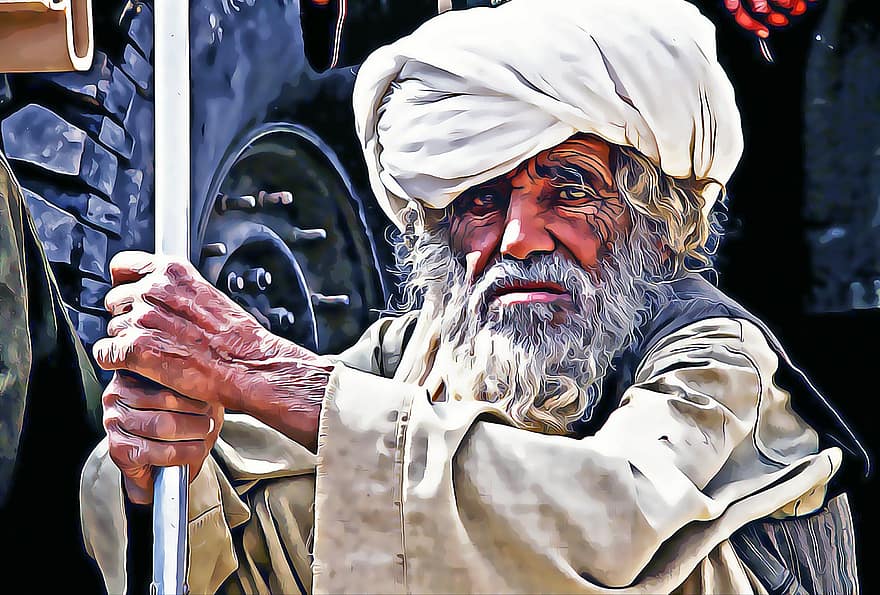 Afghánistán, muž, starý, zvětralý, zíral, opatrný, portrét, držení kovu, vousy, turban, mužský