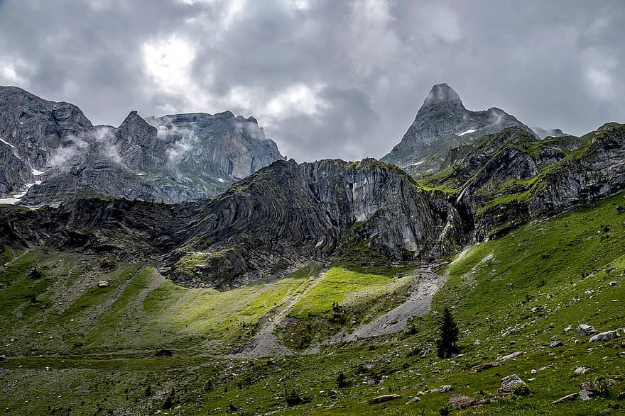 山岳、高山、風景、自然、スイス、空、パノラマ、ハイキング、雲、サミット、パス