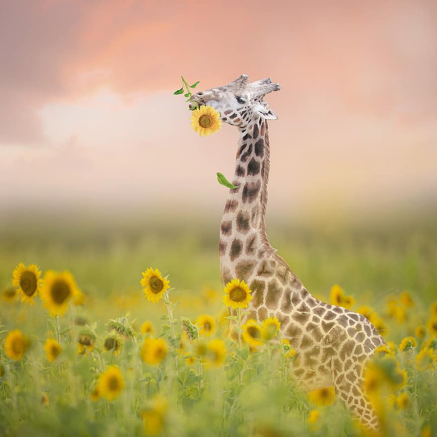 жирафа, подсолнух, цветы, поле, летом, на открытом воздухе, сафари, цифровой фон, питание, весна, долго