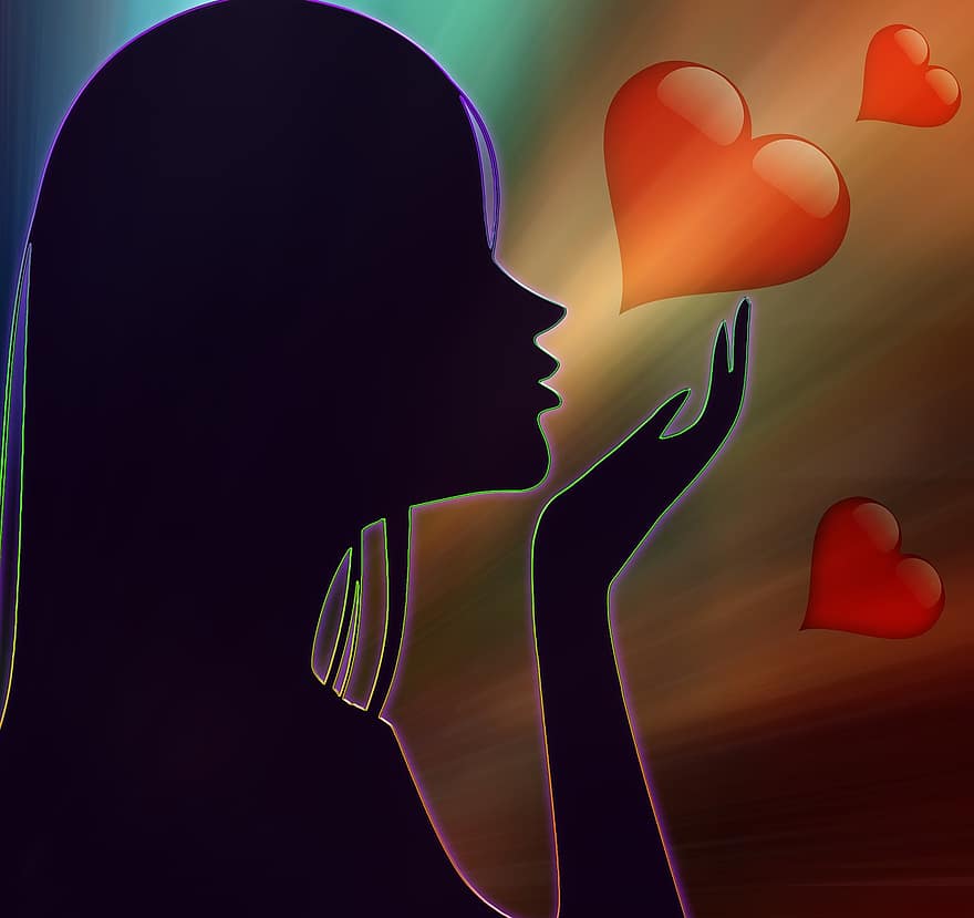 vrouw, hart-, liefde, romantisch, silhouet, verhouding, samen, Valentijnsdag, achtergrond, gevoel