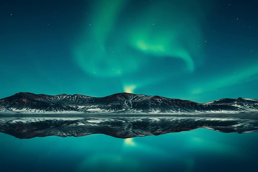 montanhas, rio, noite, Aurora boreal