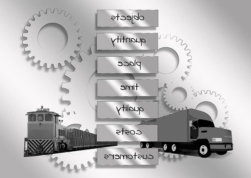 la logistica, camion, treno merci, personale, gruppo, ingranaggi, trasmissione, interazione, costruzione, Piano, piano di produzione