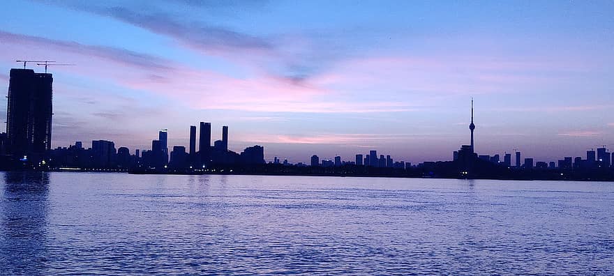 Wuhan, por do sol, rio yangtze, panorama, rio, skyline, cidade, China, crepúsculo, arranha-céu, paisagem urbana