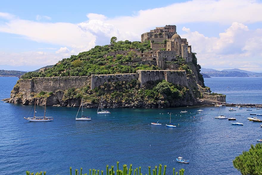 aragoniešu pils, jūra, salu, Ischia, Castello Aragonese D'ischia, pils, viduslaiku pils, raksturs, Itālija, Naples, krasta līnija