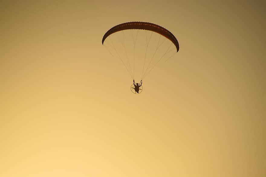 paracaidismo, paracaídas, puesta de sol, hora dorada, cielo, volador, deporte, aventuras