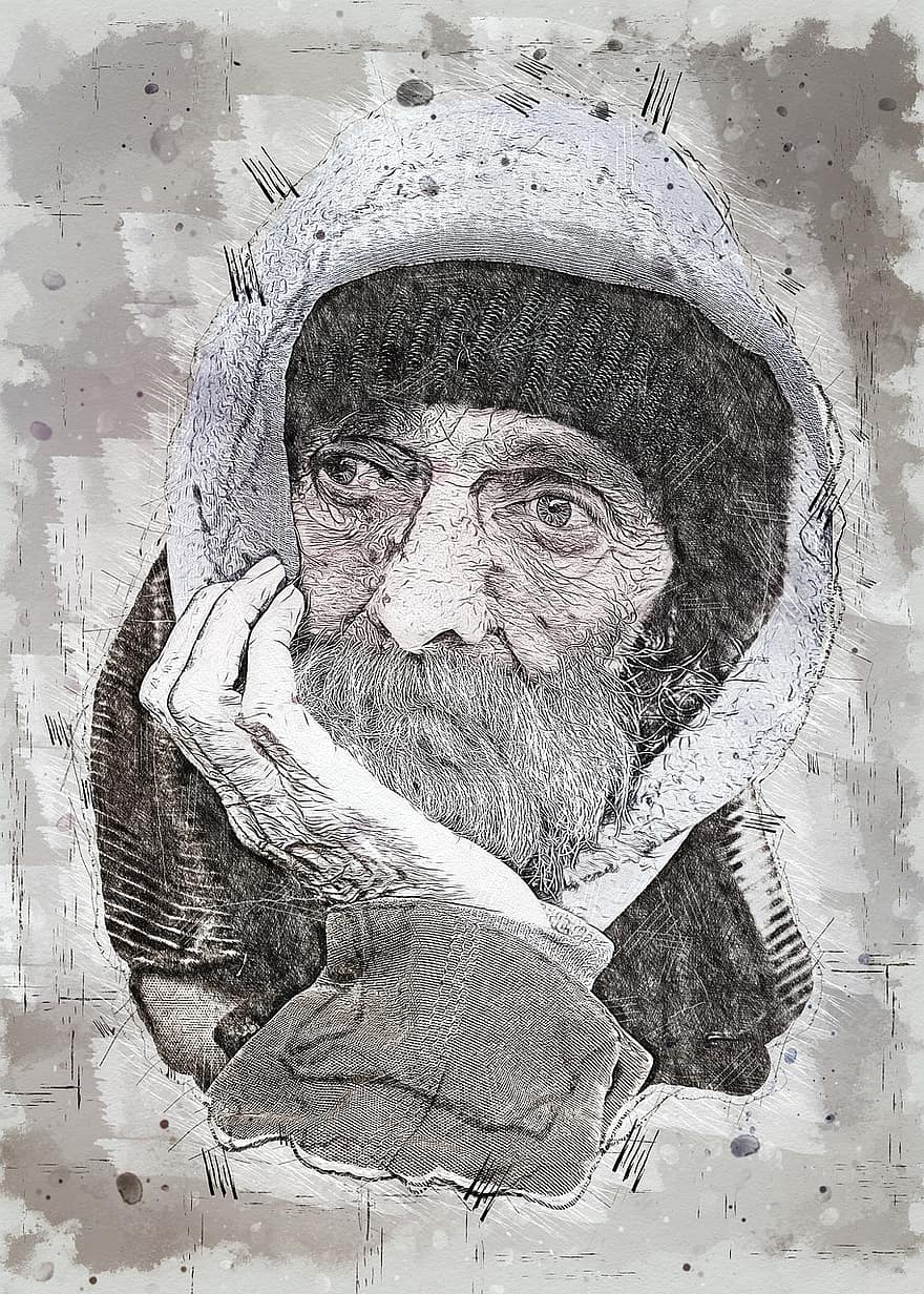 gammel mann, eldre mann, kunstverk, Mann, hjemløs, ensom, mann, deprimert, tristhet, maleri, kreativitet