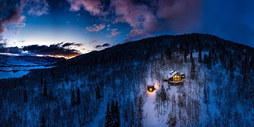 Mountain, Cabin, Snow, Winter, Twilight, Evening, Aerial
