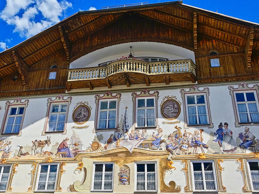 bygning, gammel, middelalderlig, østrig, facade, maleri, vægmaleri