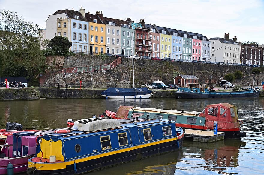 Bristol, joki, veneet, telakka, kaupunki, rakennukset, värikkäitä rakennuksia, kaupunki-, matkailu