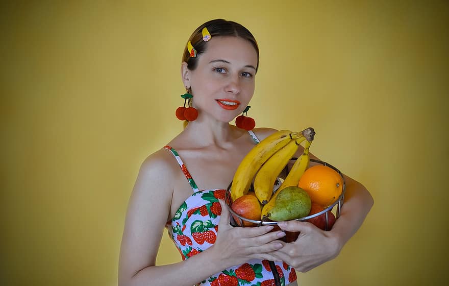 модель, женский пол, портрет, фрукты, свежие фрукты, корзина фруктов, корзина, Корзина Fuits, аксессуары, аксессуаров, платье
