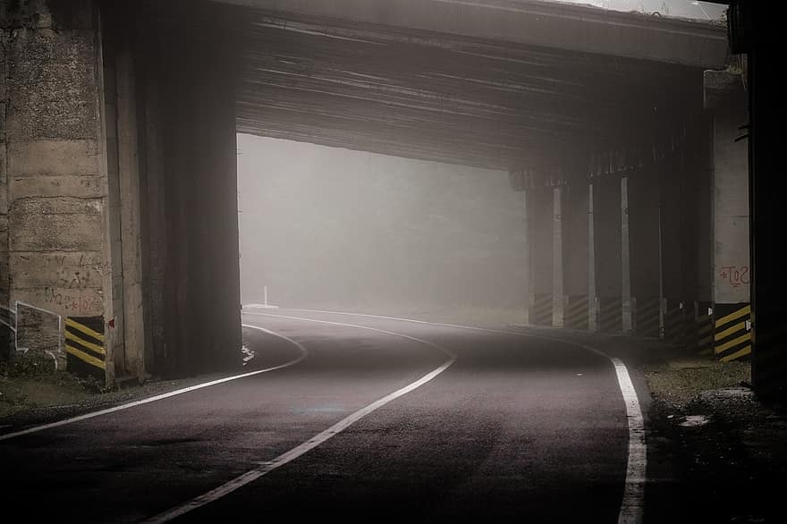 túnel, estrada, névoa, dirigir, transporte, panorama