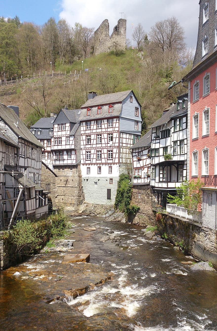 oraș, natură, Casă pe jumătate de lemn, Monschau, eifel, centru istoric, bach, istoric, arhitectură, istorie, vechi