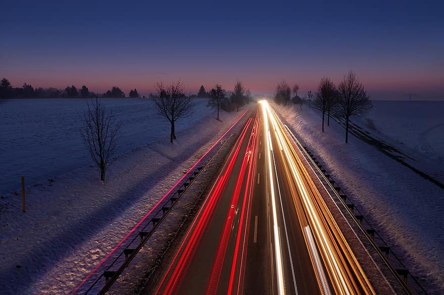 Lights, Winter, Snow, Road, Dusk, City