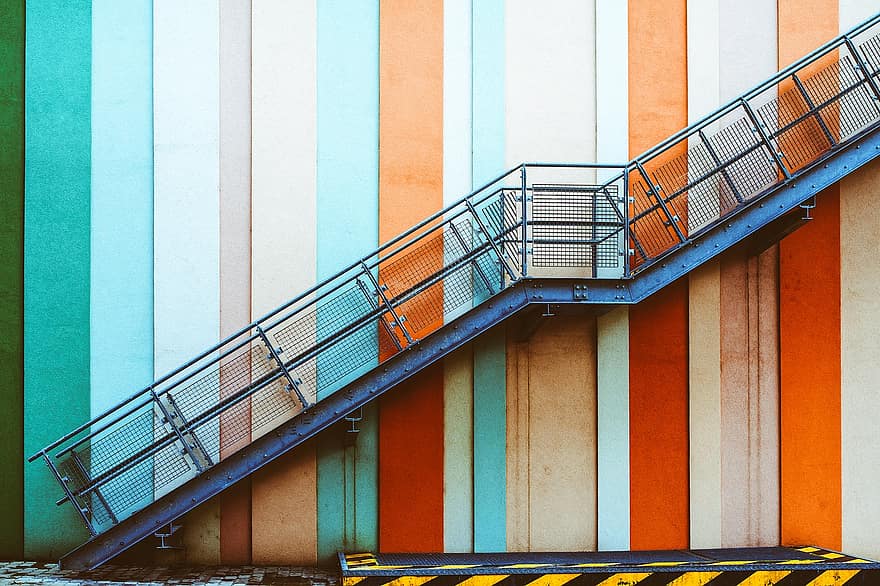 Stairs, Staircase, Railing, Wall, Stripes, Colorful, Structure, Schody, Color