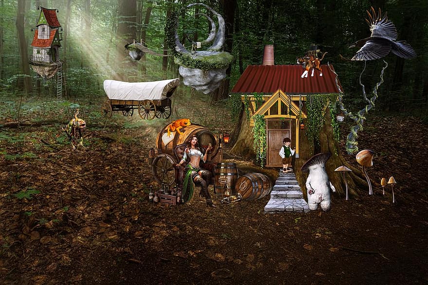 bosque, casa, hobbit, mujer, gato, vagón cubierto