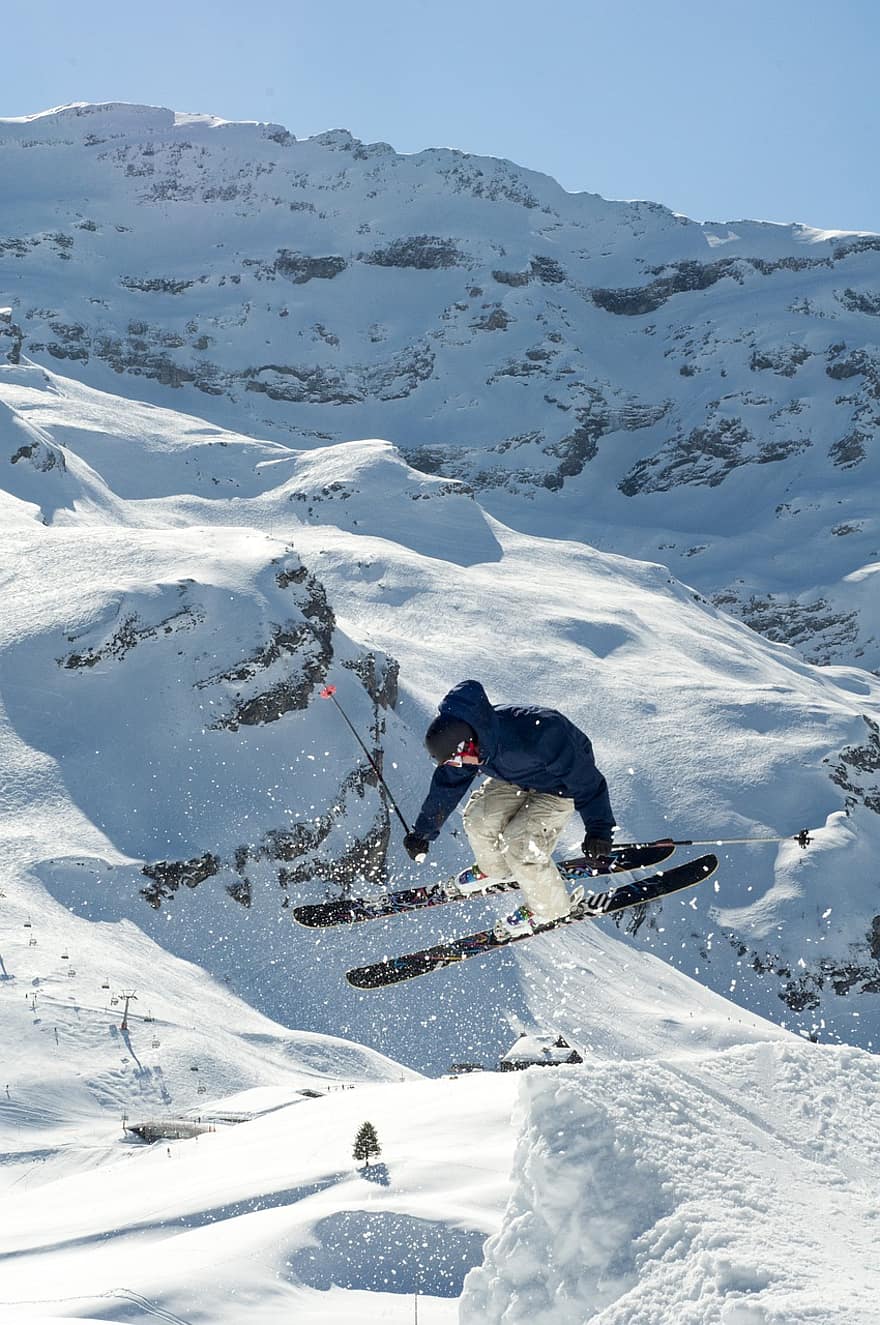 雪、冬、スキー、スポーツの、飛躍、アクション