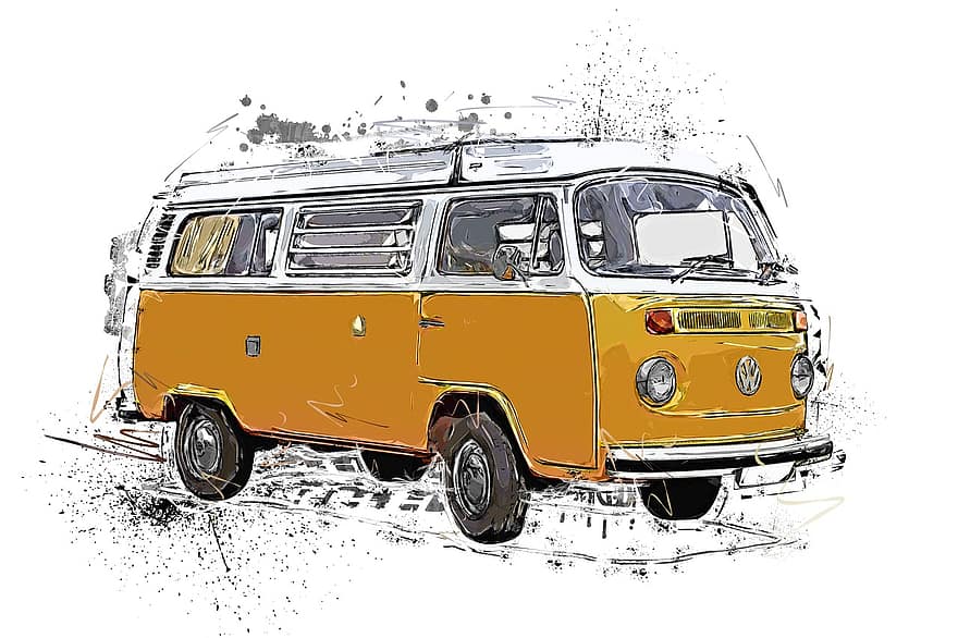 Van, Volkswagen, Sketch, Drawing, Vw Bulli, Oldtimer, Auto, Vehicle, Old, Vw Bus, Retro