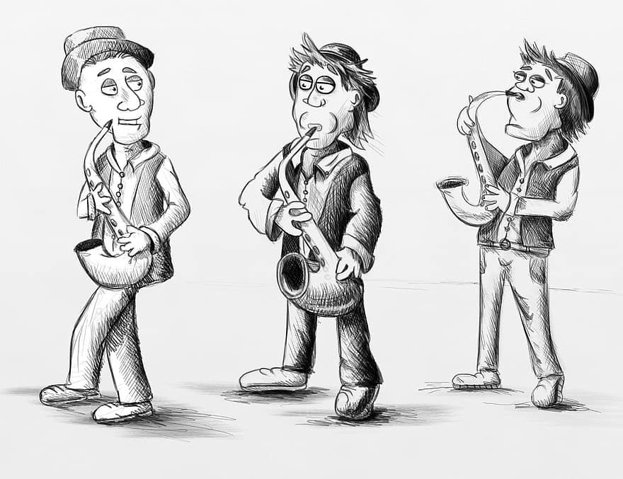 Saxophonist, Saxophone, Musician, Plays, Tool, Wind Instruments, Musical Instrument, Jazz, Young Man, Sketch, Cartoon