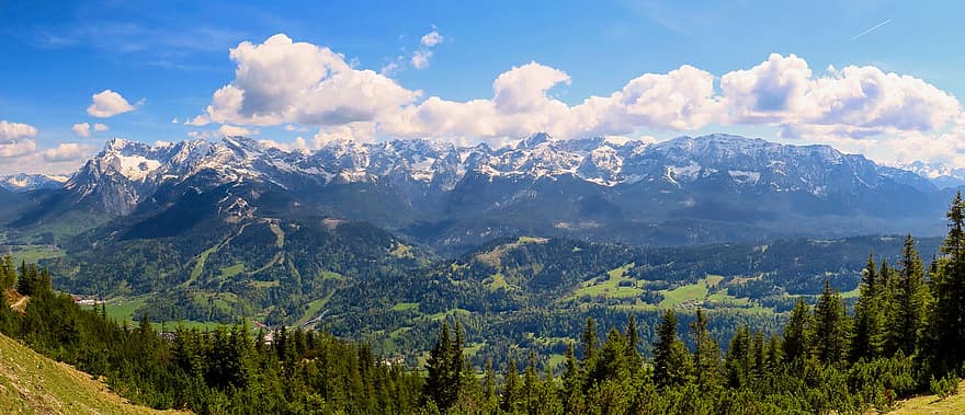wetterstein, βουνά, ηλιόλουστος, δέντρα, φύση, τοπίο, Βαυαρία, πανόραμα, σύννεφα, βουνά του υγτερστεστάν, zugspitze