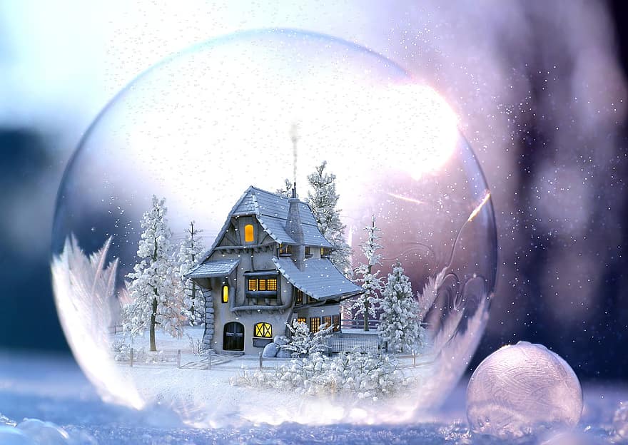 julekort, vintergård, Hus i snøen, vinter, frost, hus, vinterlandskap, Vinterillustrasjon, snøkule, snø, fantasi