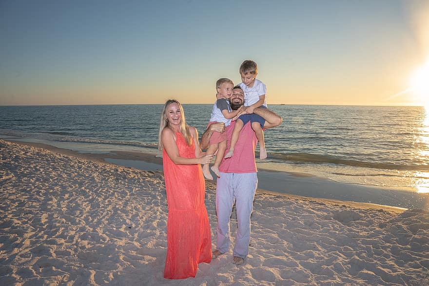 Family, Beach, Sunset, Happy, Vacation, Children, Couple, Mother, Father, Love, Together